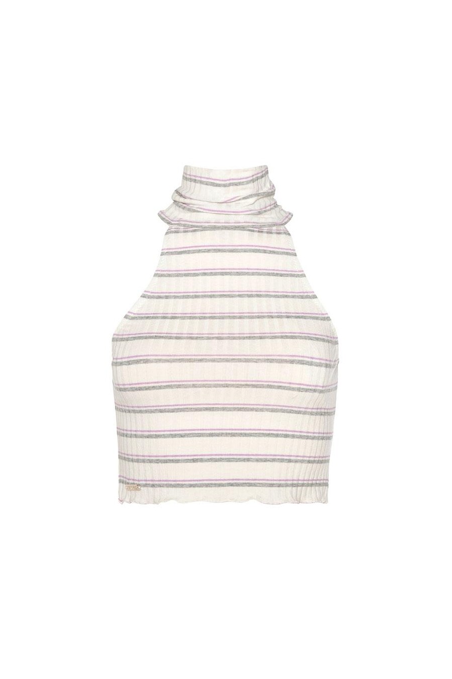 Myriam Top - White Lilac Grey Stripes