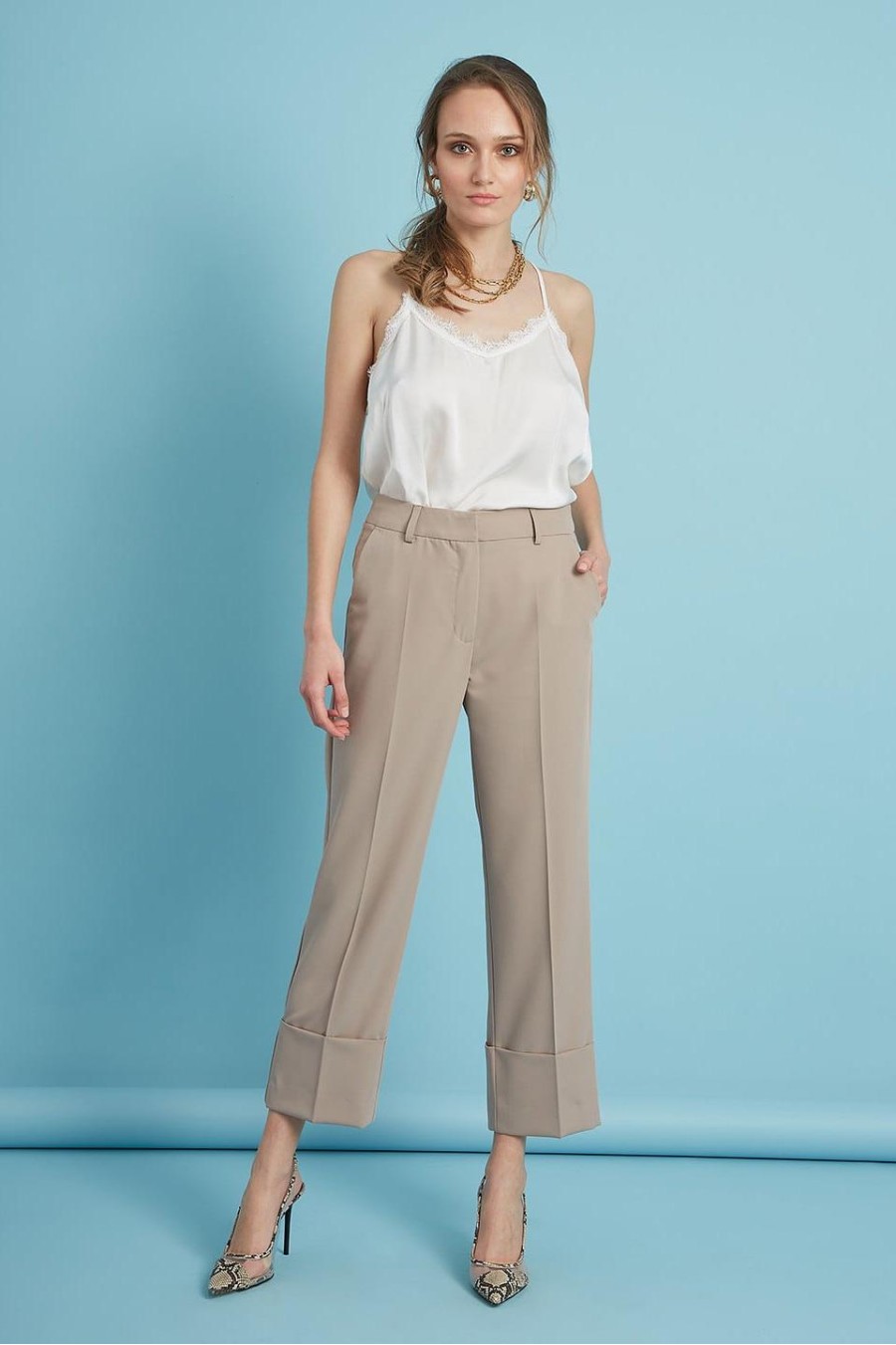 Wide Leg Trousers | Beige