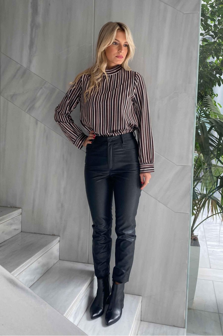 High Neck Velvet Striped...