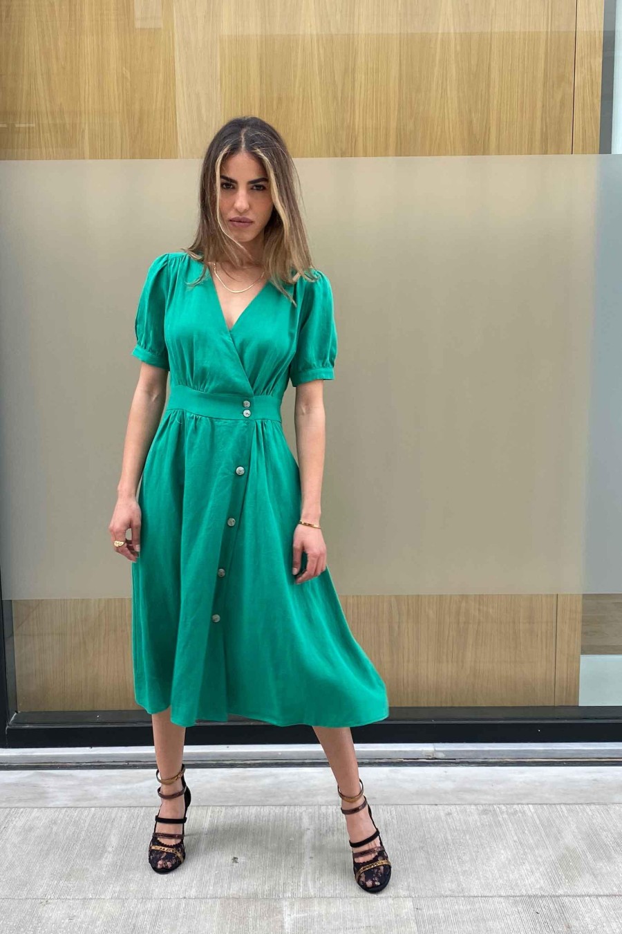 Linen Button Wrap Dress | Green