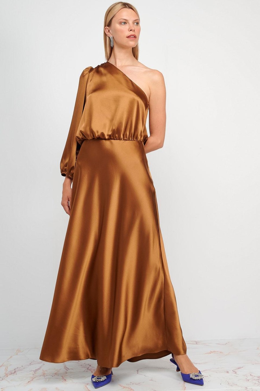 Satin One Shoulder Maxi Dress | Bronze