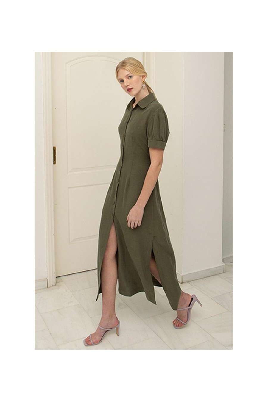 Buttoned Open Back Maxi Dress | Olive