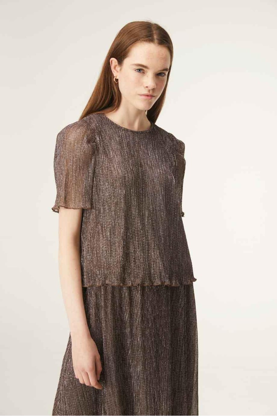 Sparkle Plisse T-Shirt | Brown