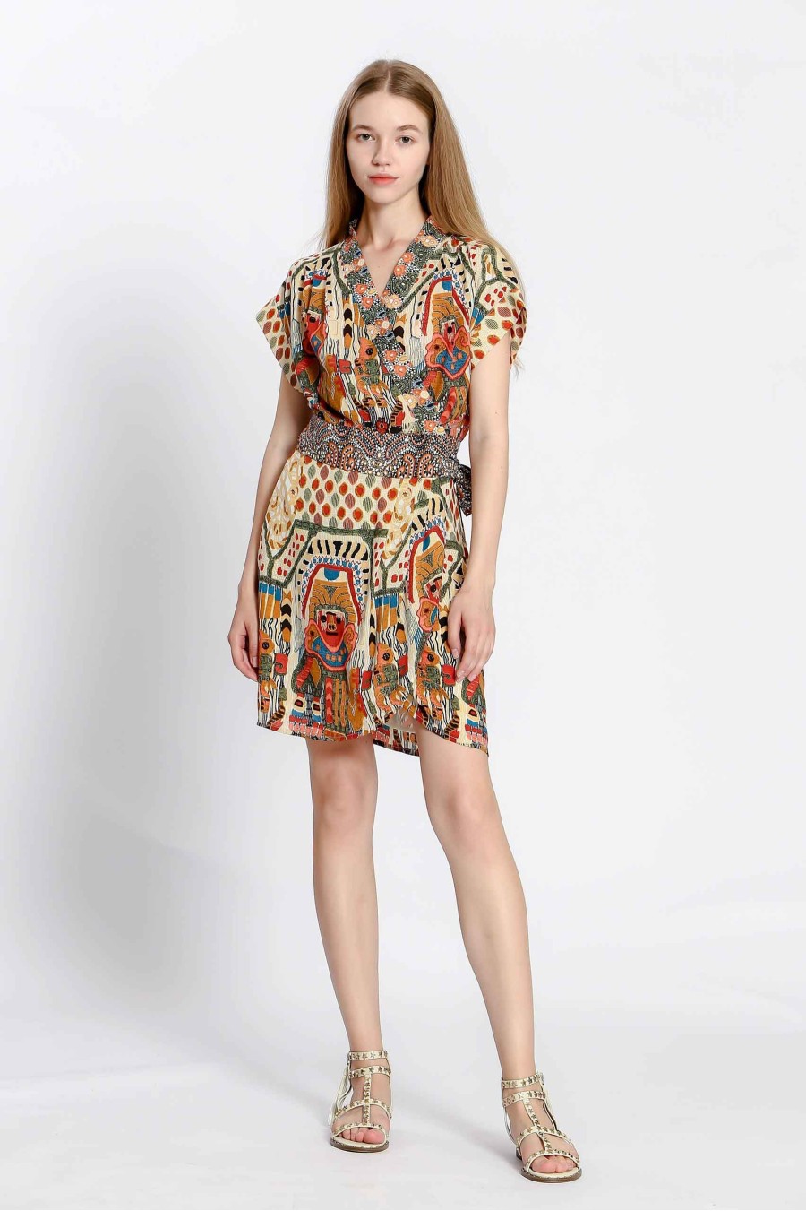 Mask Print Wrap Dress