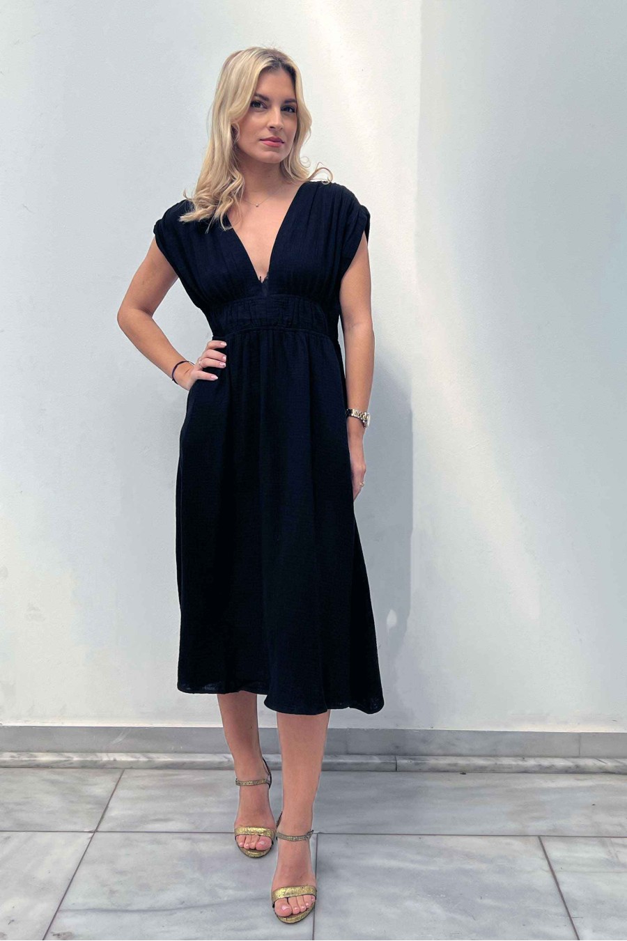 Black Cotton Midi Dress