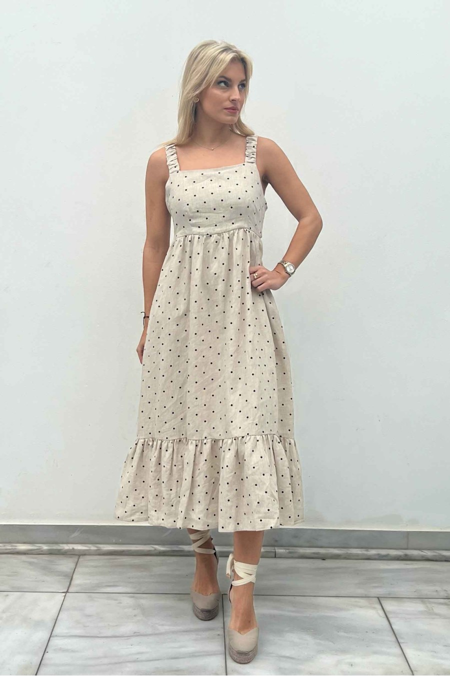 Beige Linen Polka Dot Dress