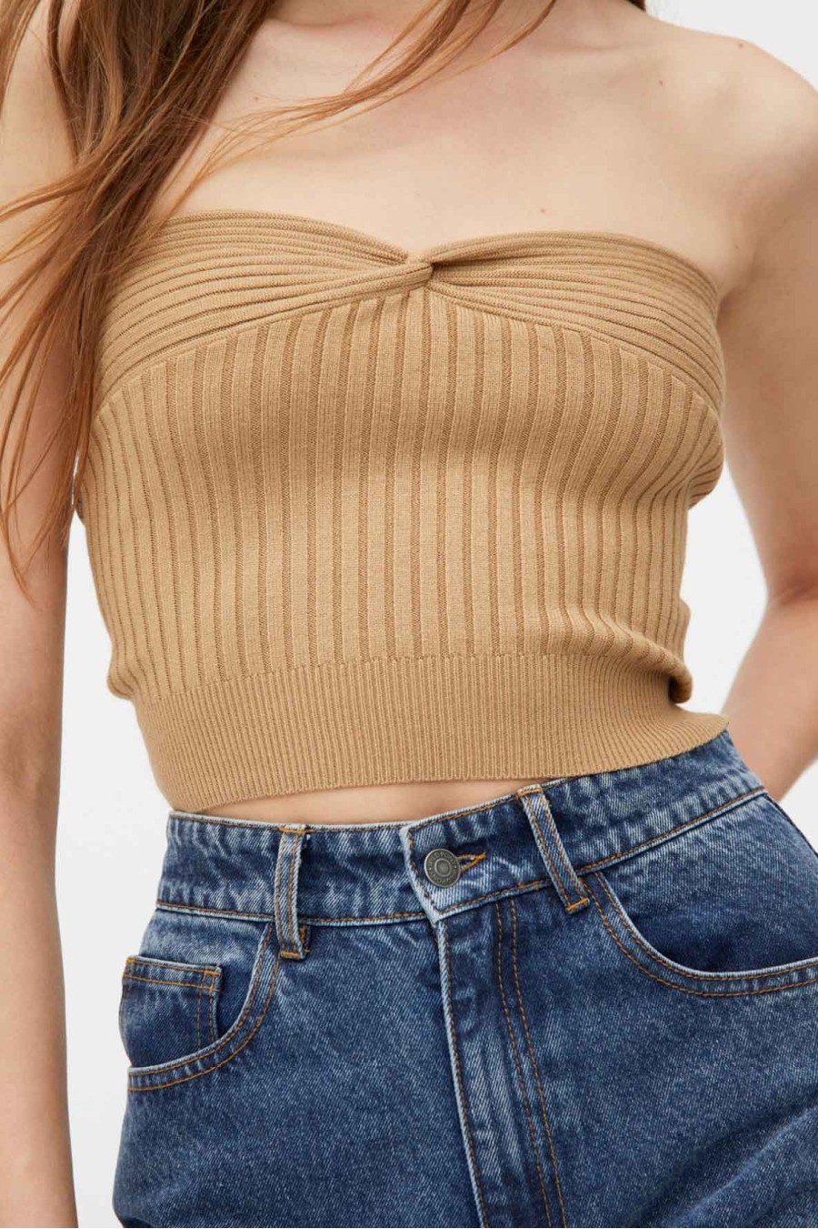 Beige Ribbed Knit Bandeau Top