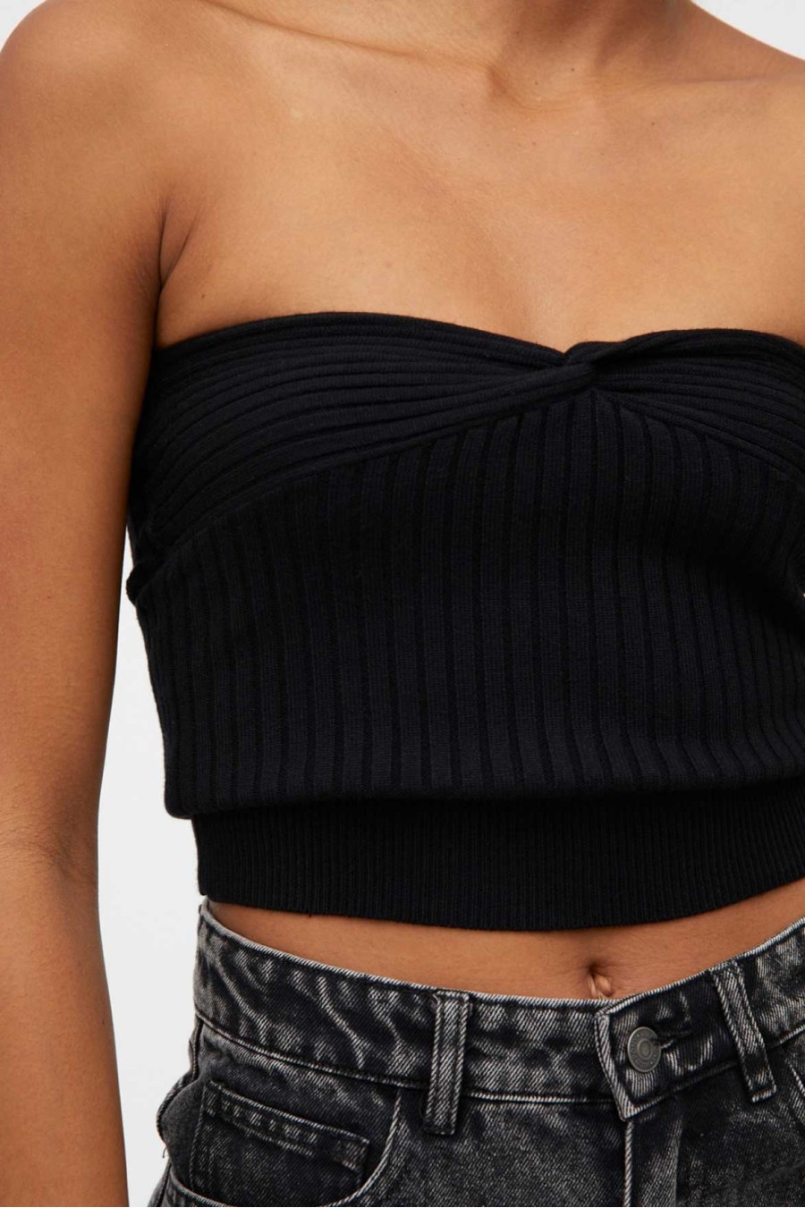 Black Ribbed Knit Bandeau Top