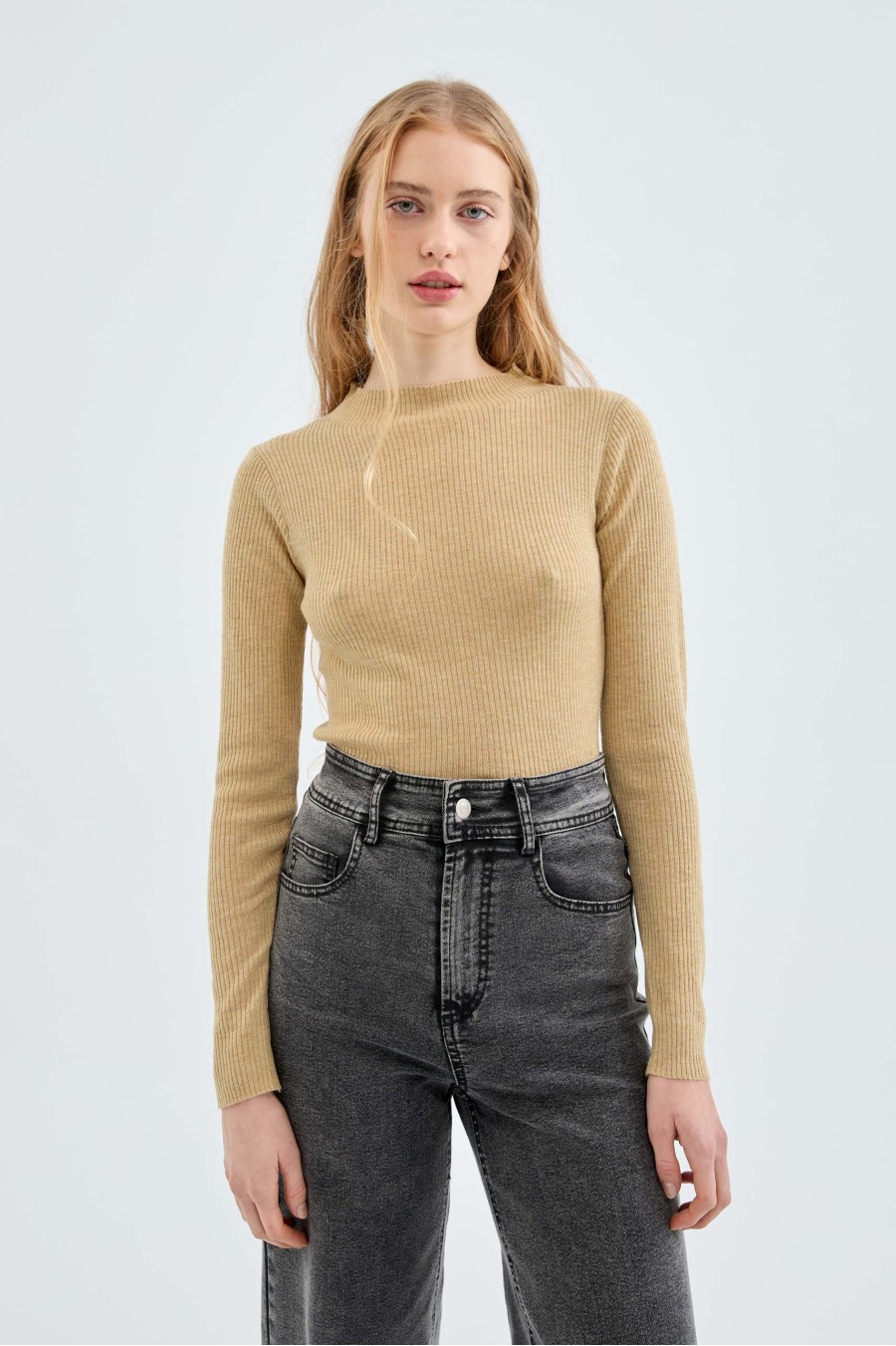 Beige Ribbed Knit Top