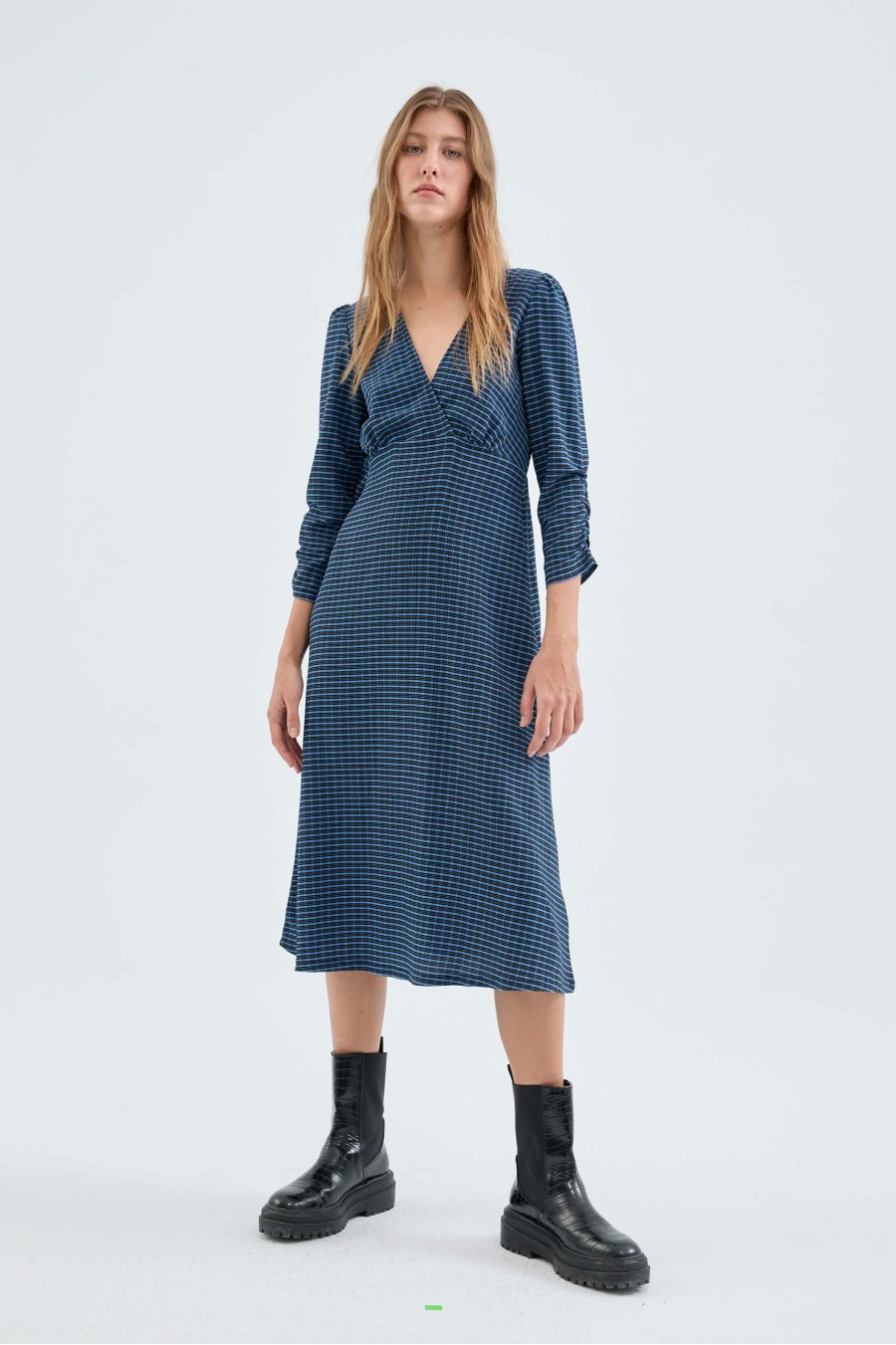 Blue Checked Midi Dress