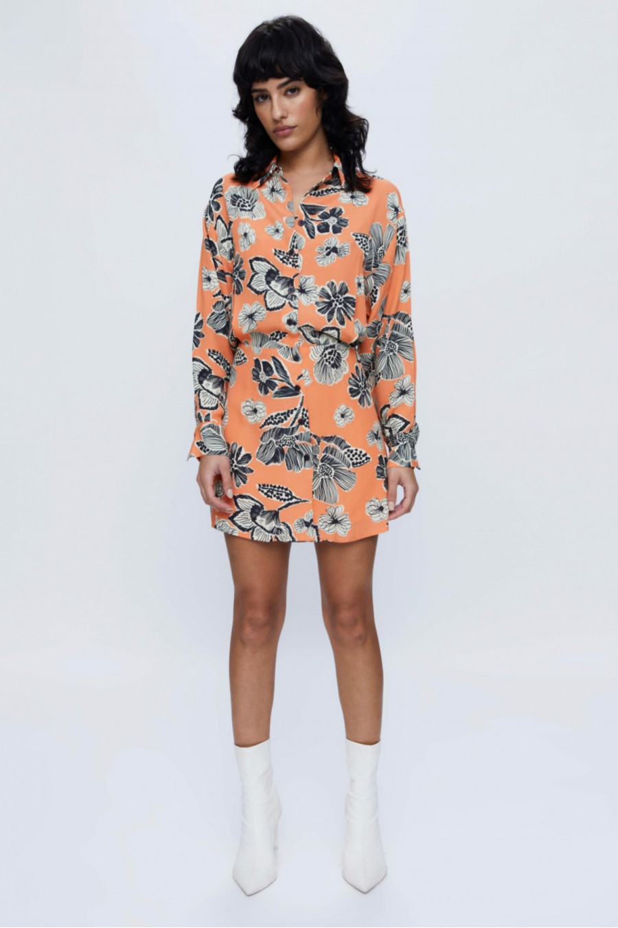 Orange Floral Mini Shirt Dress