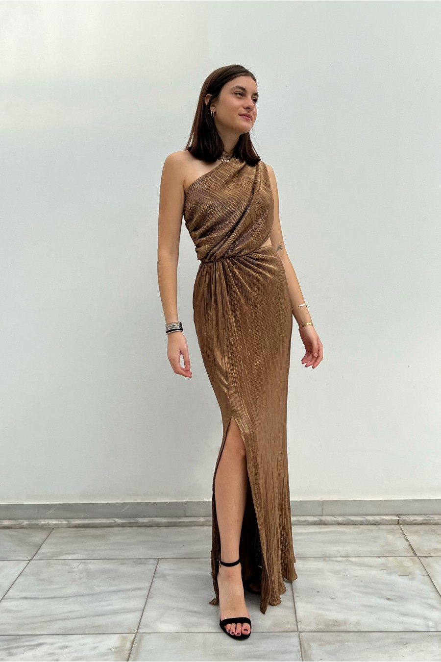 Bronze Plise Maxi Dress