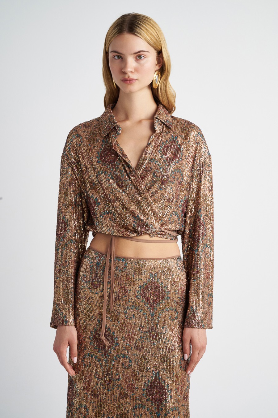 Patterned Sequin Wrap Top