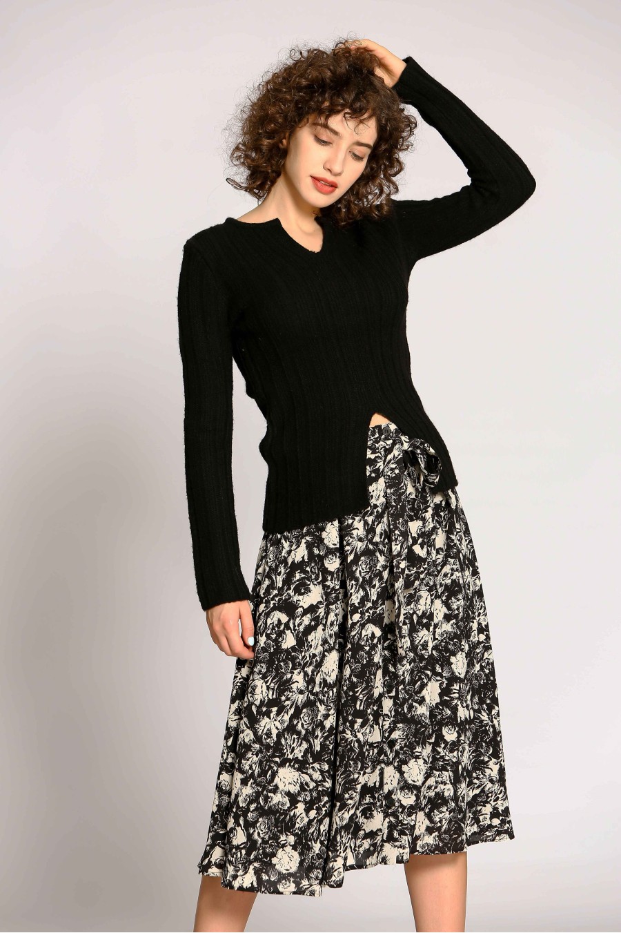 Black White Floral Midi Skirt