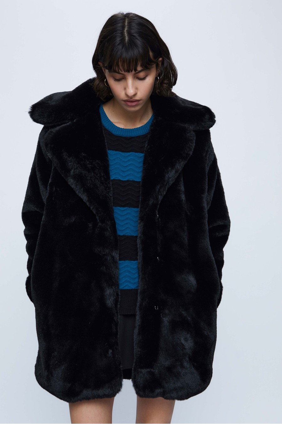 Black Midi Faux Fur Coat