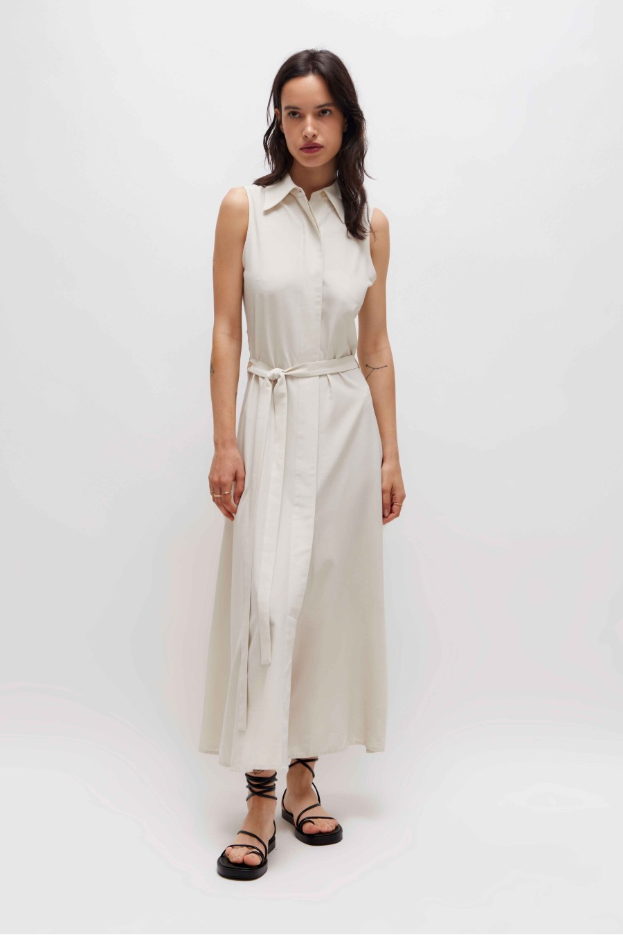 Off White Satin Sleeveless Shirt Dress