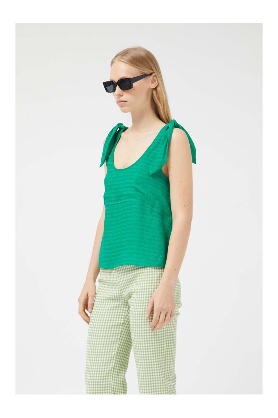 Green Crepe Tie Shoulders Top