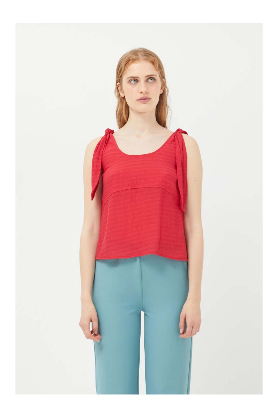 Red Crepe Tie Shoulders Top