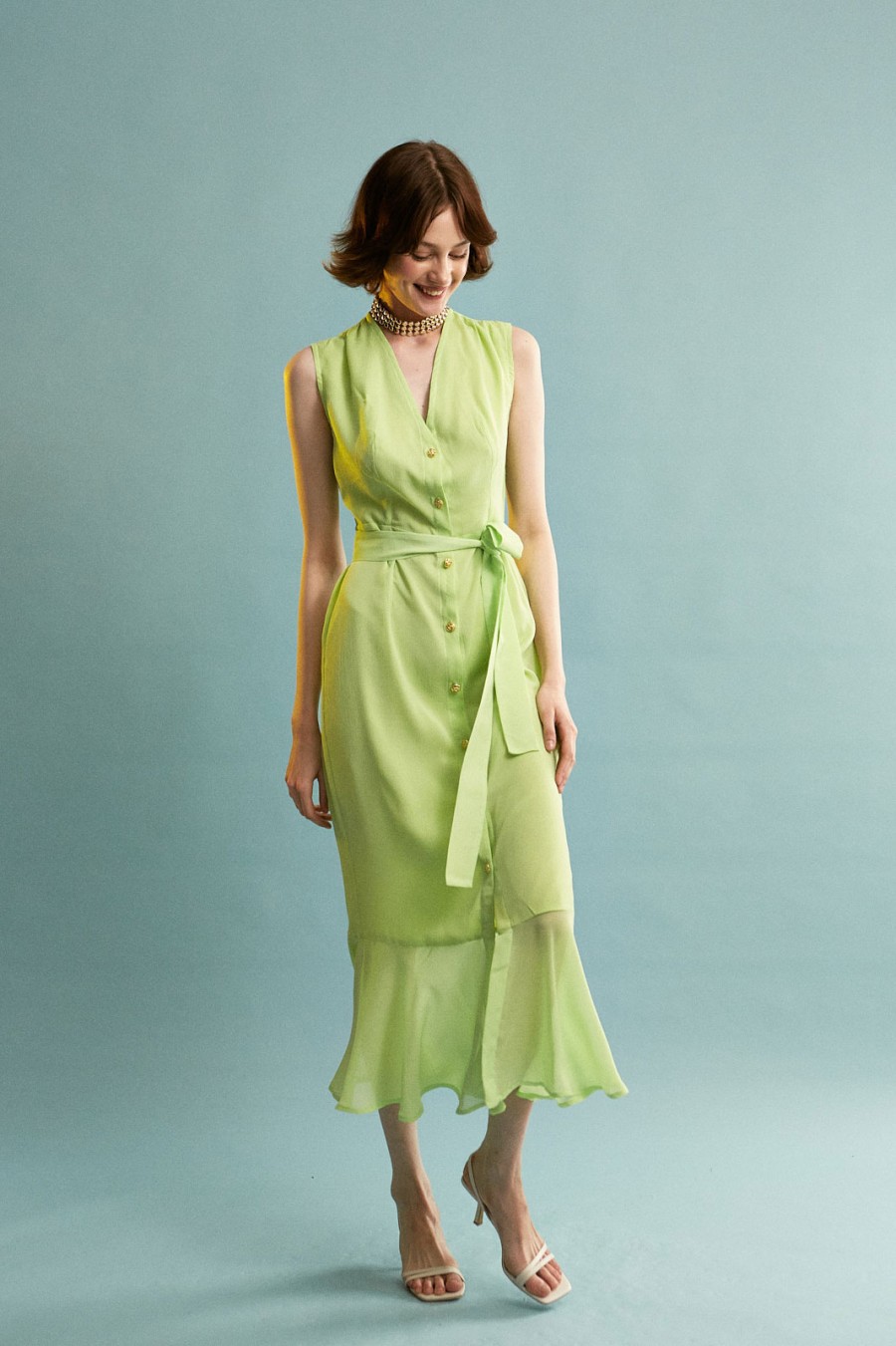 Amaya Button Sleeveless Green Dress