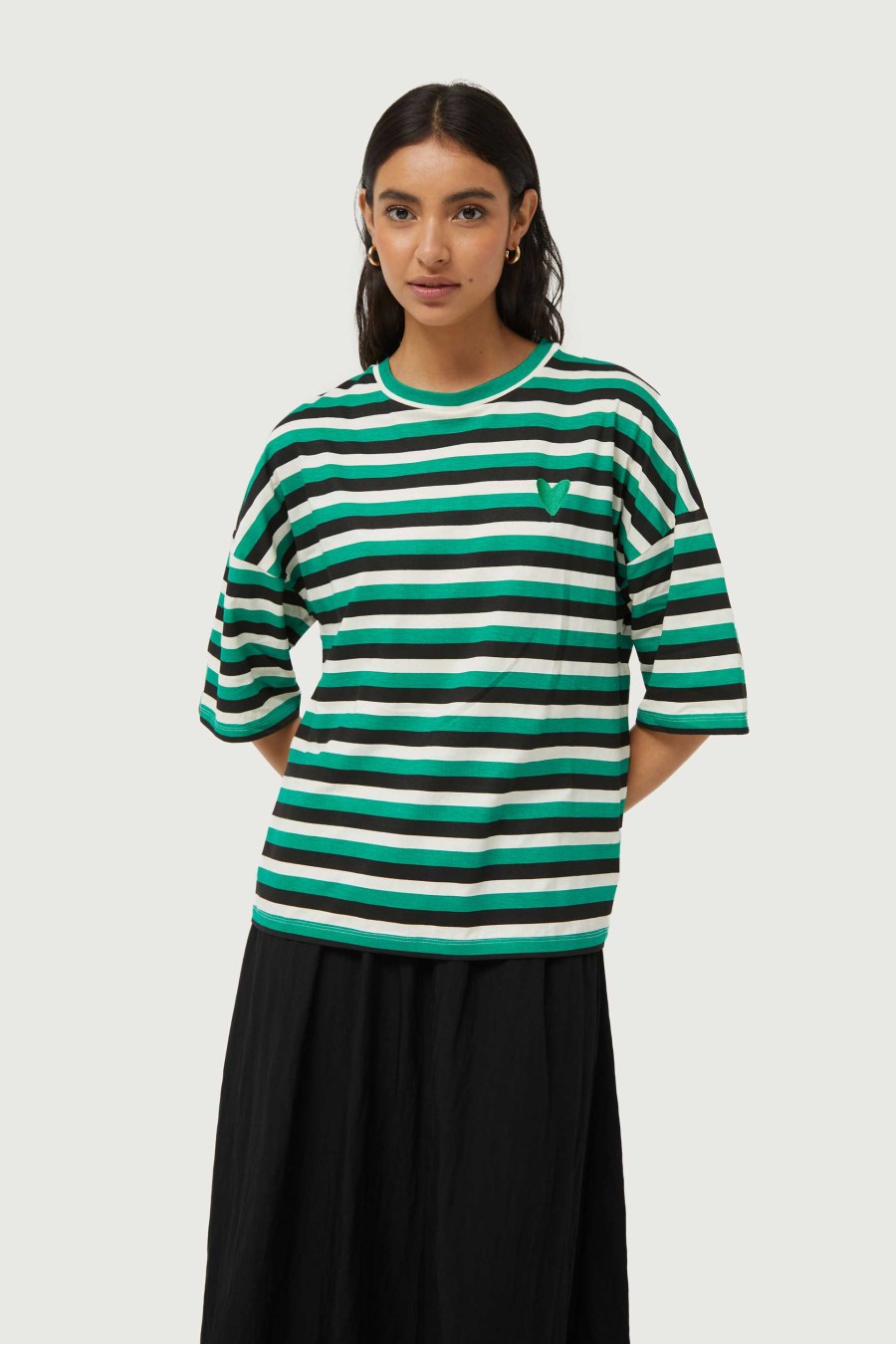 Green Striped With Heart Embroidered T-Shirt