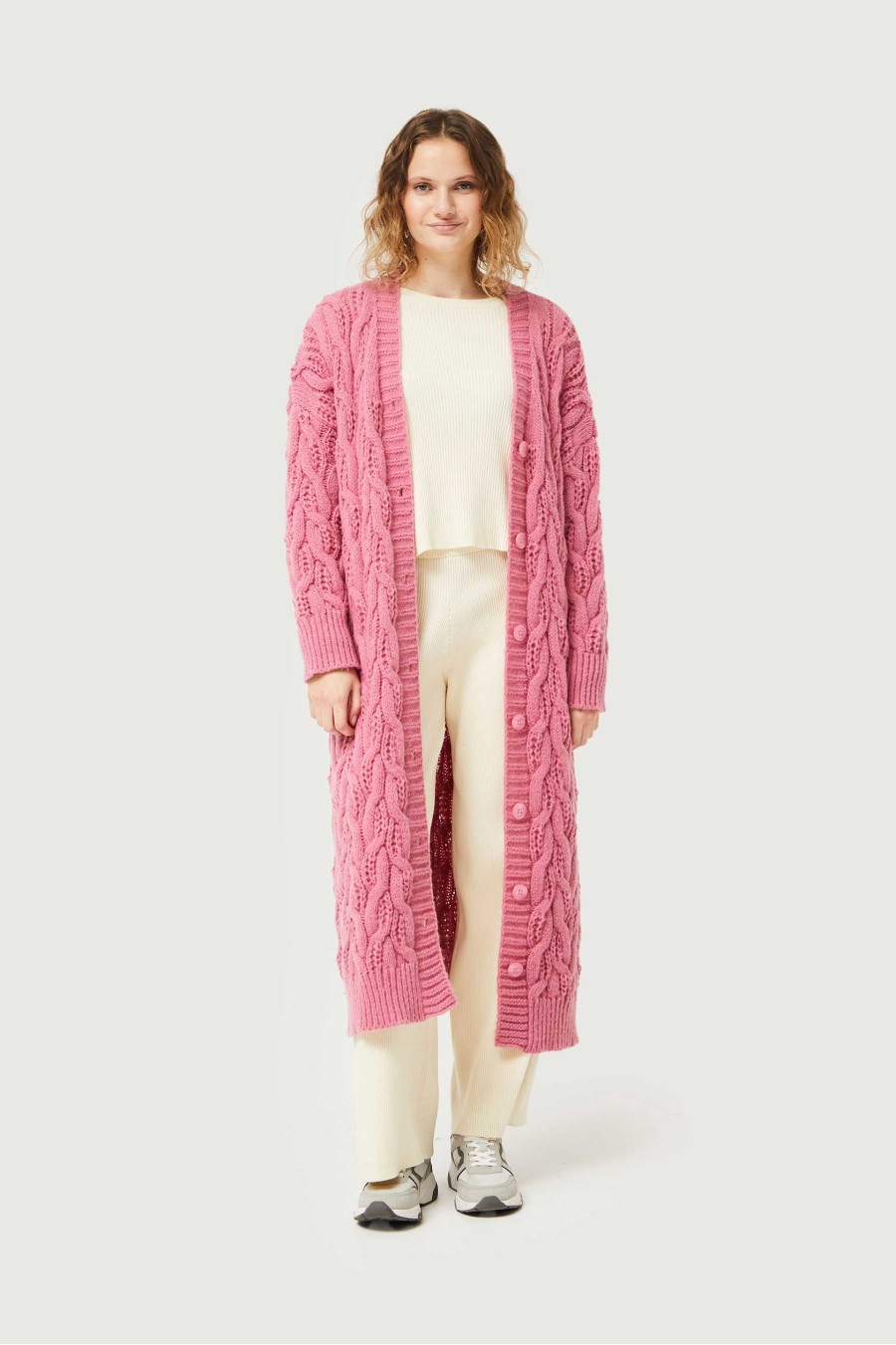 Pink Cable Knit Long Cardigan