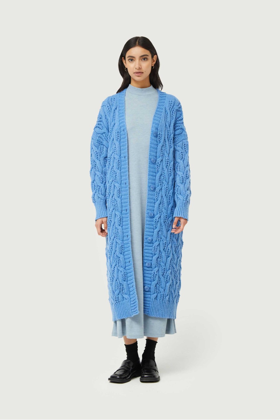 Blue Cable Knit Long Cardigan