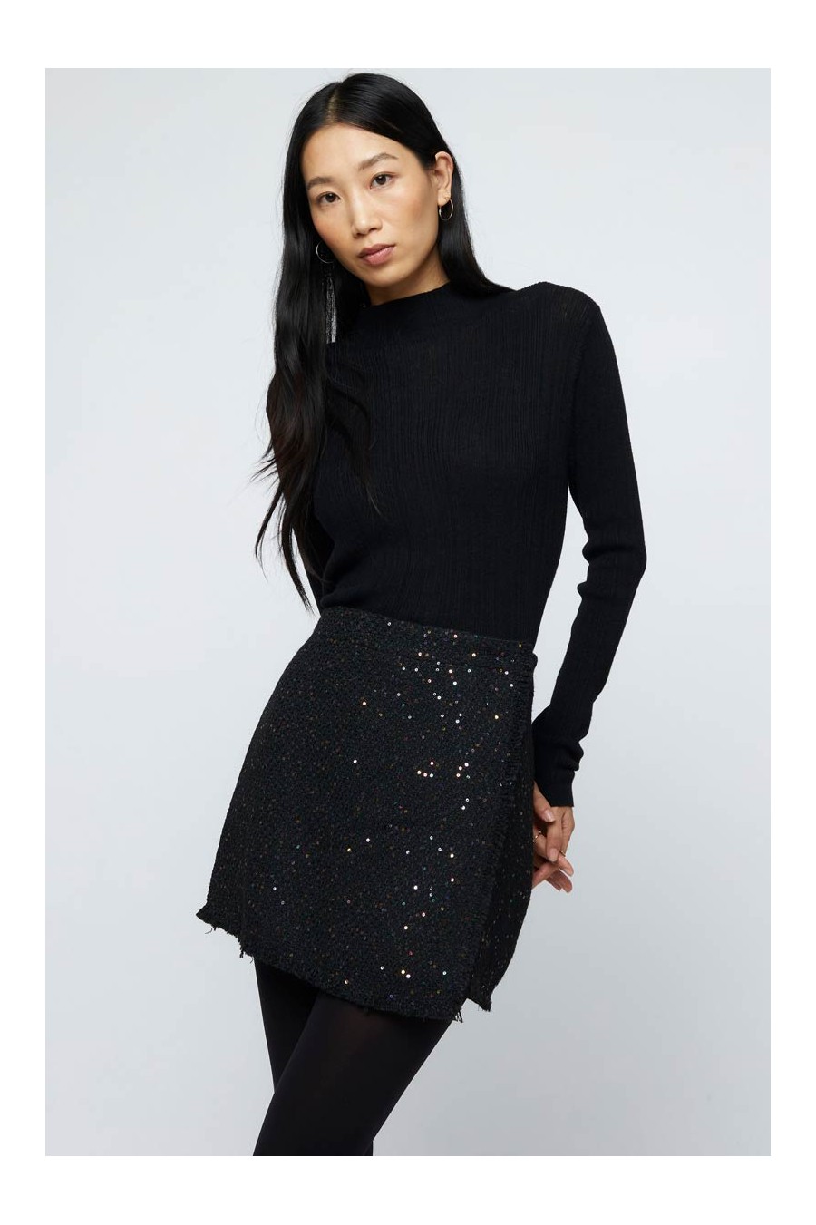 Black Tweed Sequin Mini Skirt