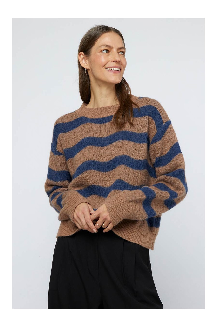 Beige & Blue Waves Striped Knit Sweater