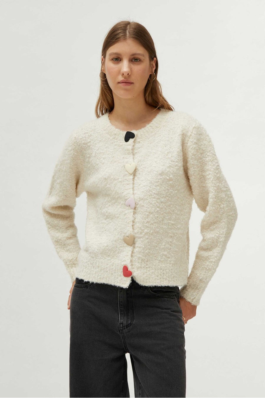 White Large Heart Button Cardigan