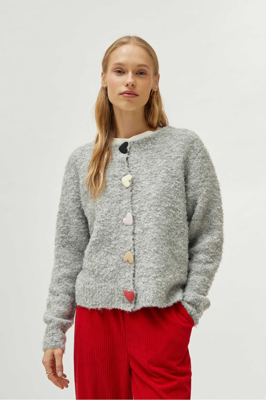 Grey Large Heart Button Cardigan