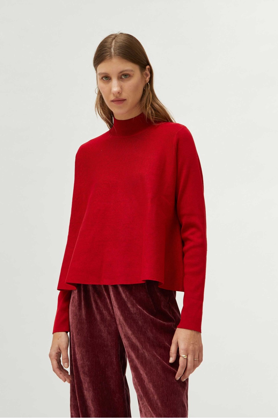 Red Mock Neck Flared Sweater