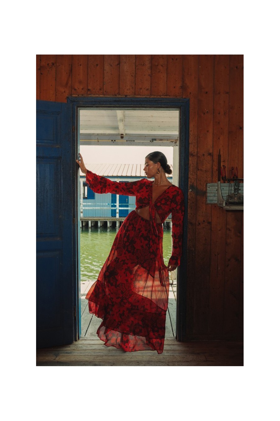 Red Camellias Maxi Dress