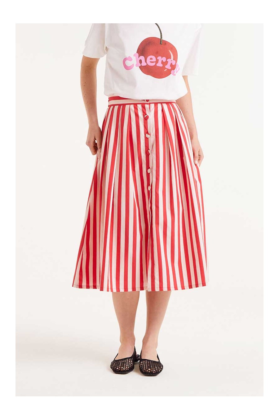 Red Striped Cotton Midi Skirt