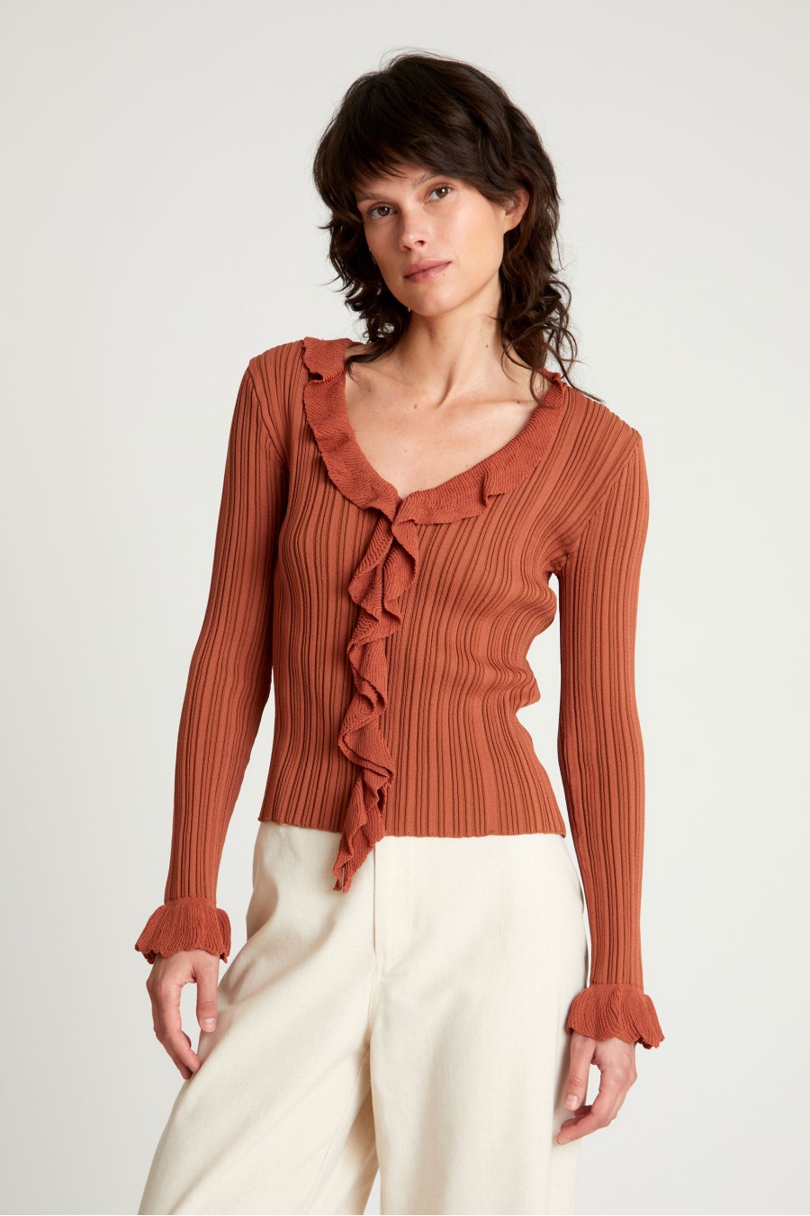 Brown Knit Ruffle Top