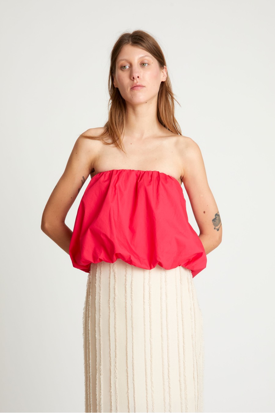 Pink Strapless Balloon Poplin Top