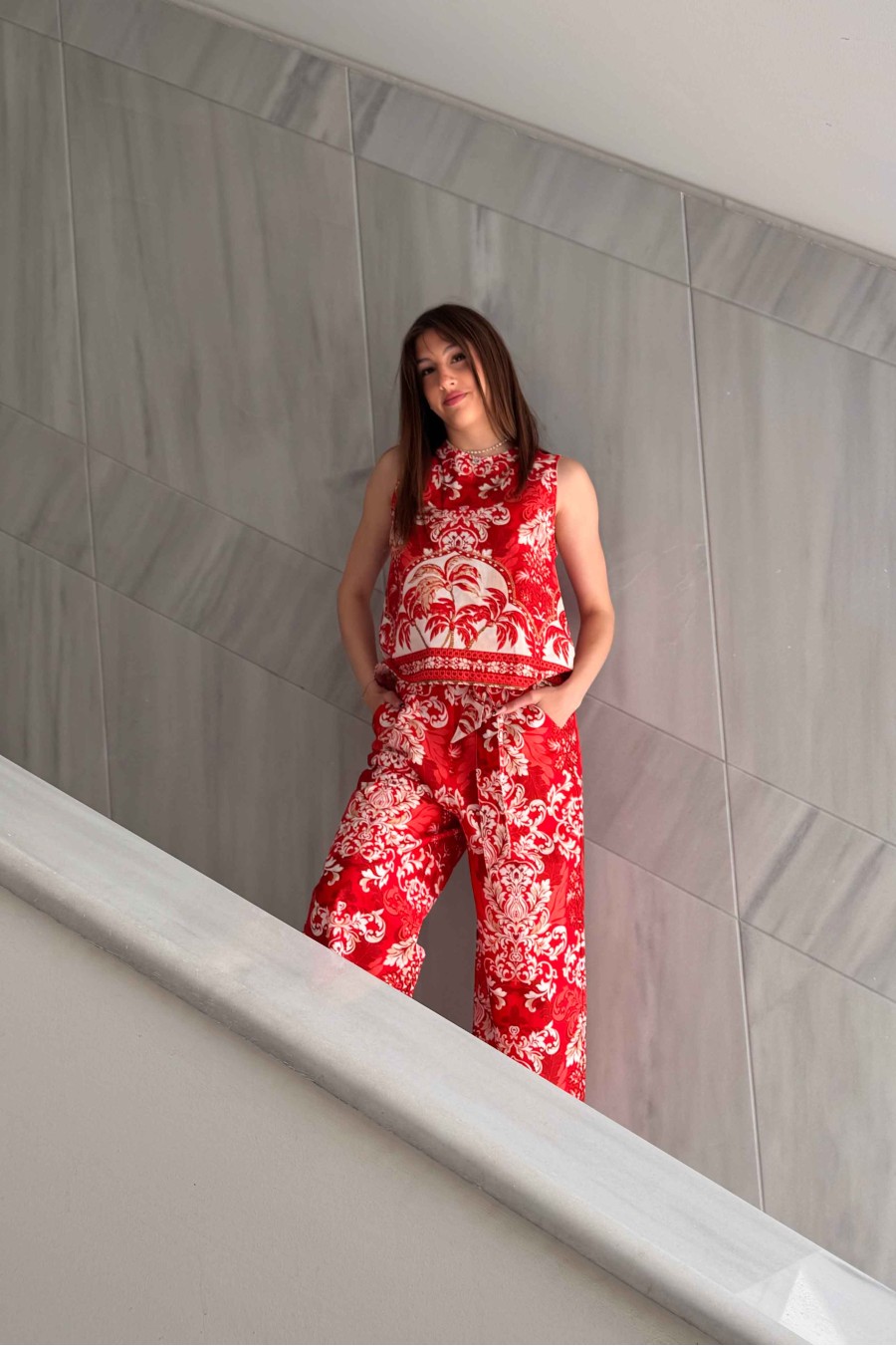 Red Palm Poplin Top