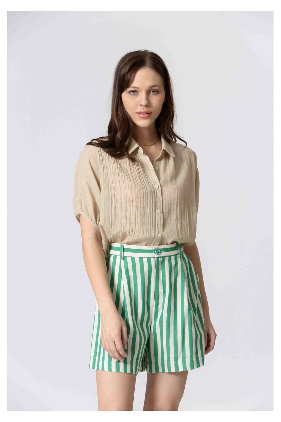 Green Striped Pleated Shorts