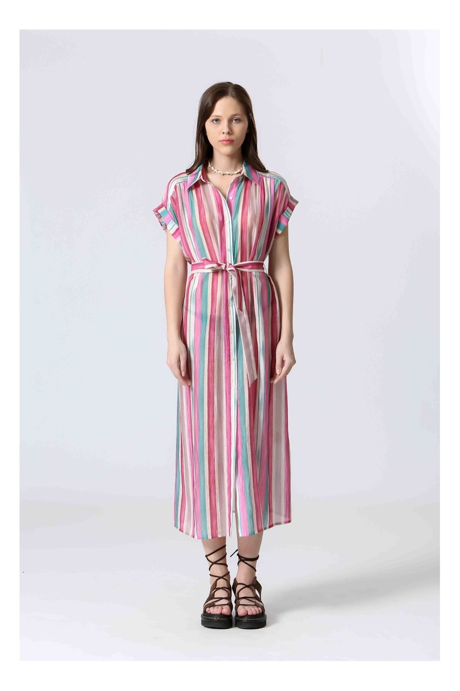 Striped Midi Dress With Belt