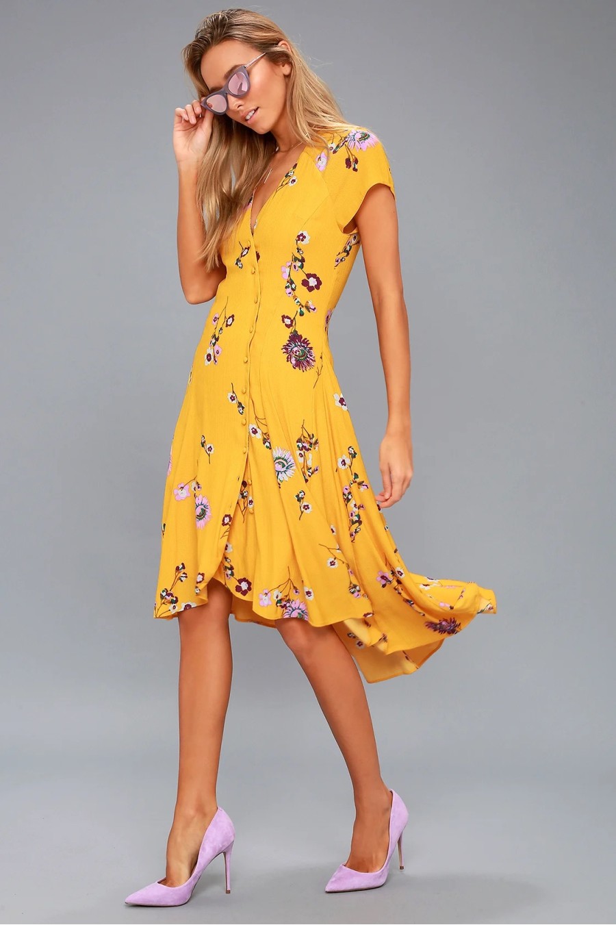 Yellow Floral Midi Dress