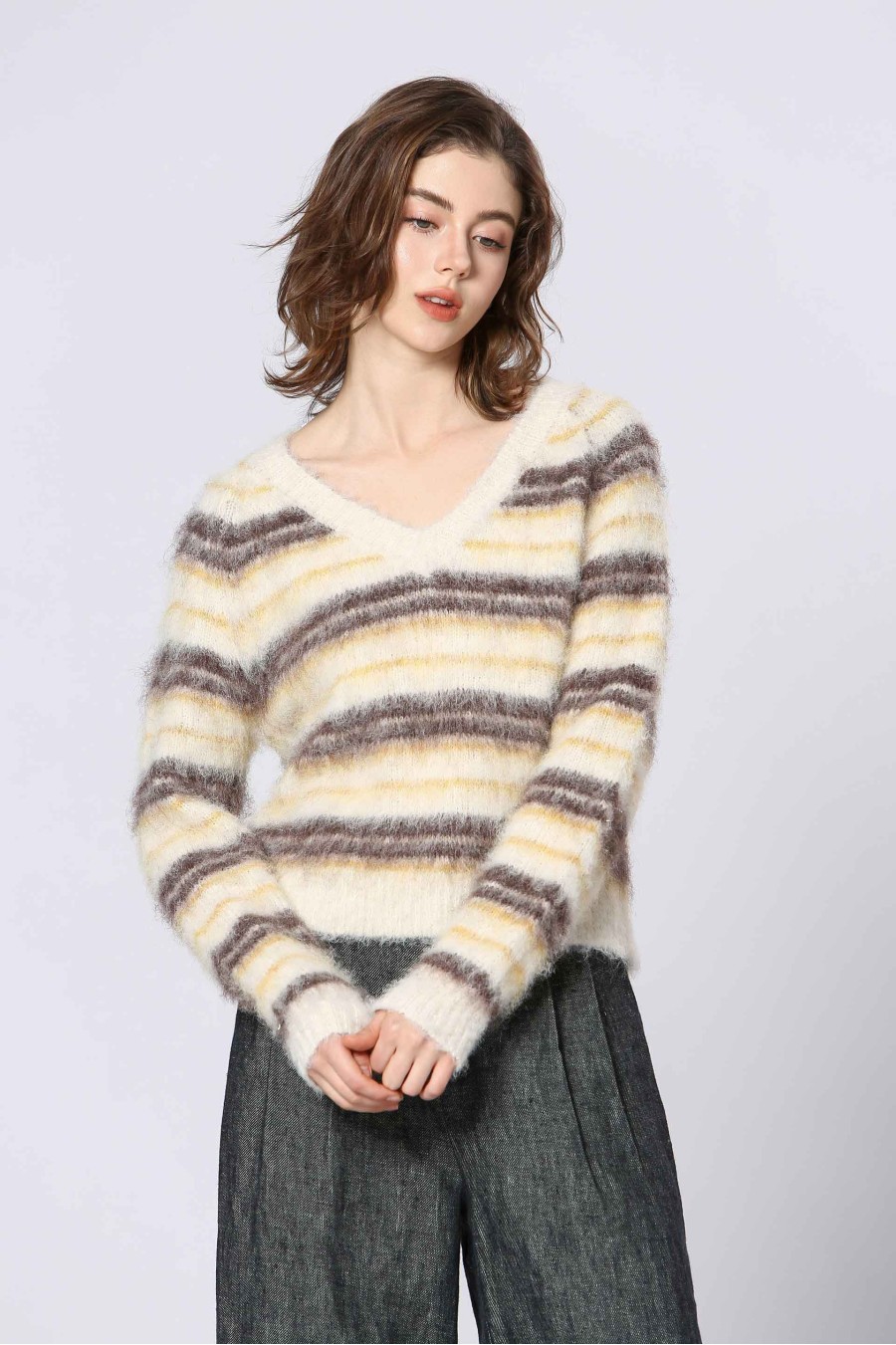 See U Soon Fluffy Striped Knit Pullover